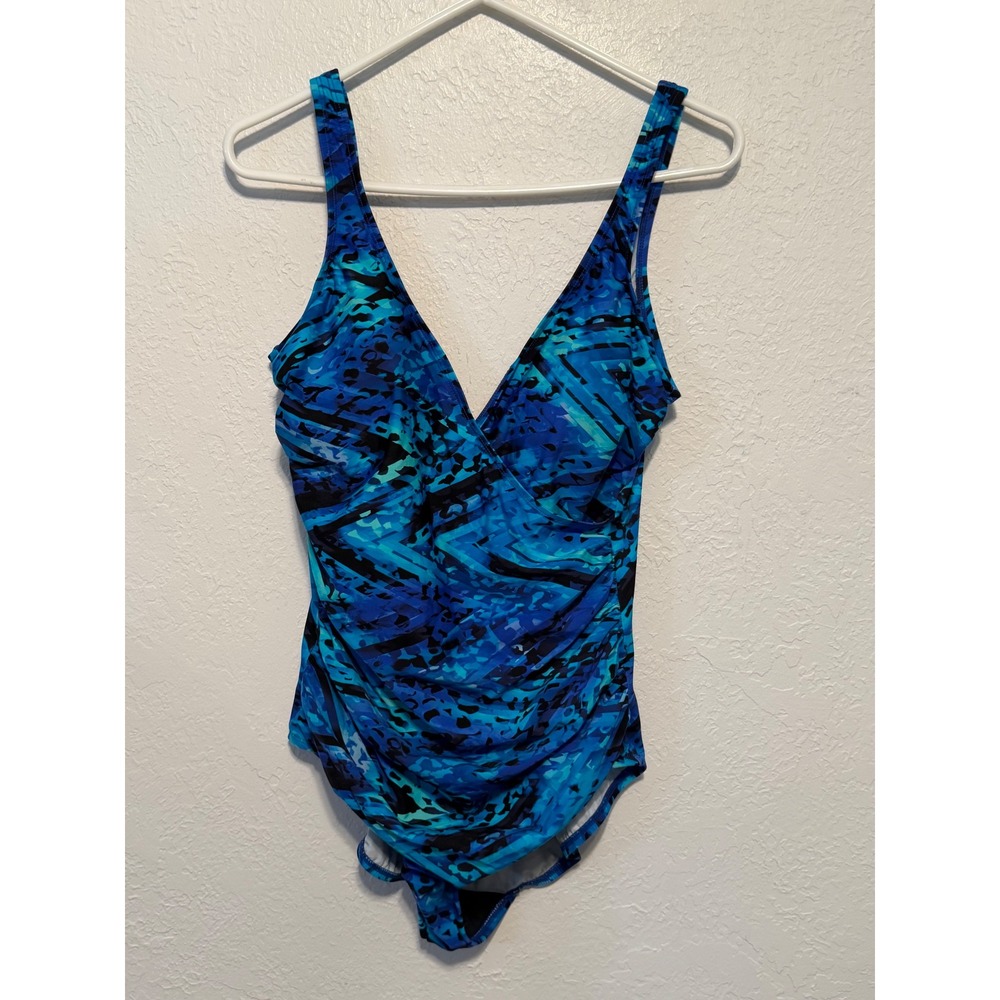 Miradonna by Miraclesuit Blue Abstract Geometric One Piece Swimsuit Size 16